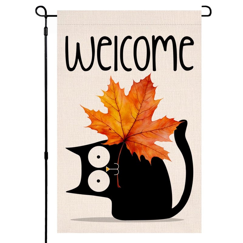 BLKWHT Fall Cat Garden Flag 12x18 Vertical Double Sided Welcome Maple Leaf Autumn Thanksgiving Holiday Outside Decorations Burlap Yard Flag BW689 - Image 1